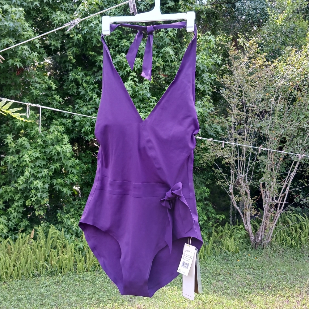 Gottex Au Naturel Aubergine Purple Halter Surplice Side Bow One Piece Swimsuit